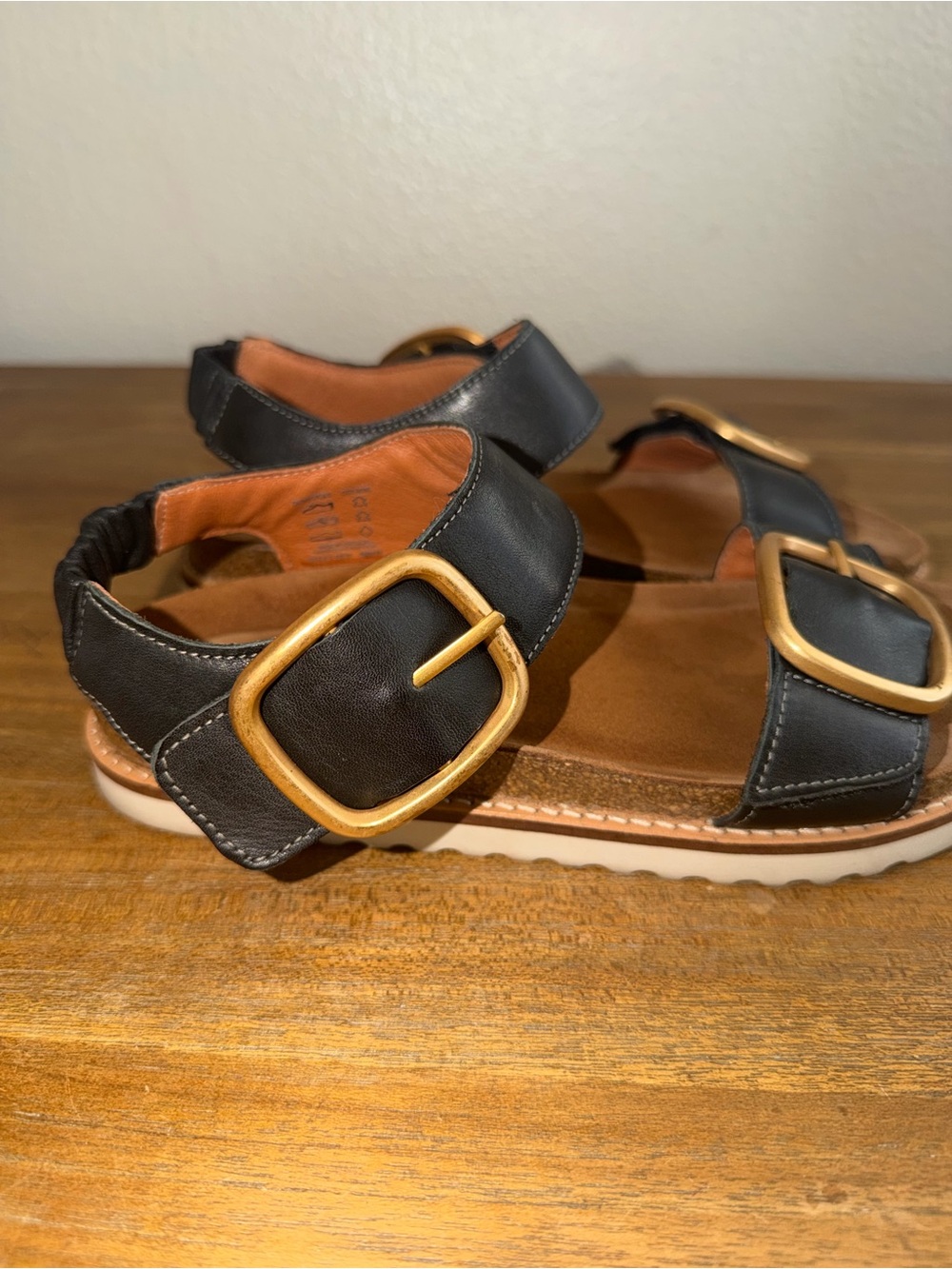 Women’s Black Leather Buckle Sandals with Tan Footbed - Picture 3 of 7